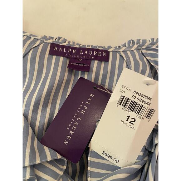 Ralph Lauren Collection Purple Label Blue Pinstripe Ruffle Silk Blouse Runway L - Picture 7 of 12